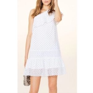 Tory Burch white eyelet ruffles one shoulder dress
